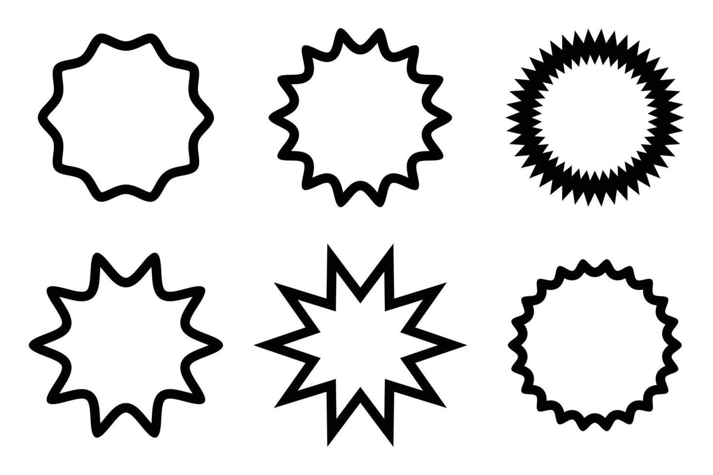Zig-zag edge sunburst. Sale and big set of black zig-zag circle sticker, sale and discount template sticker. Sun, sunburst, sunlight, sunshine icons. Black zig-zag silhouette on white background. vector