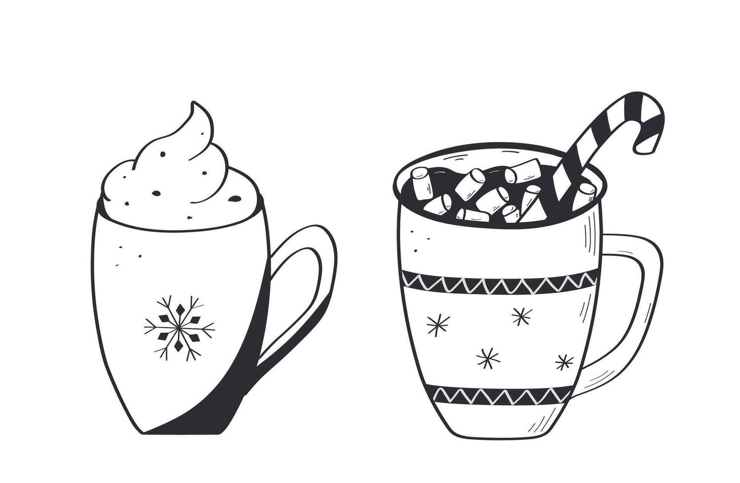 Christmas set of hot drinks doodle style. Delicious cocoa with marshmallows, hot chocolate, coffee with cream or tea. vector