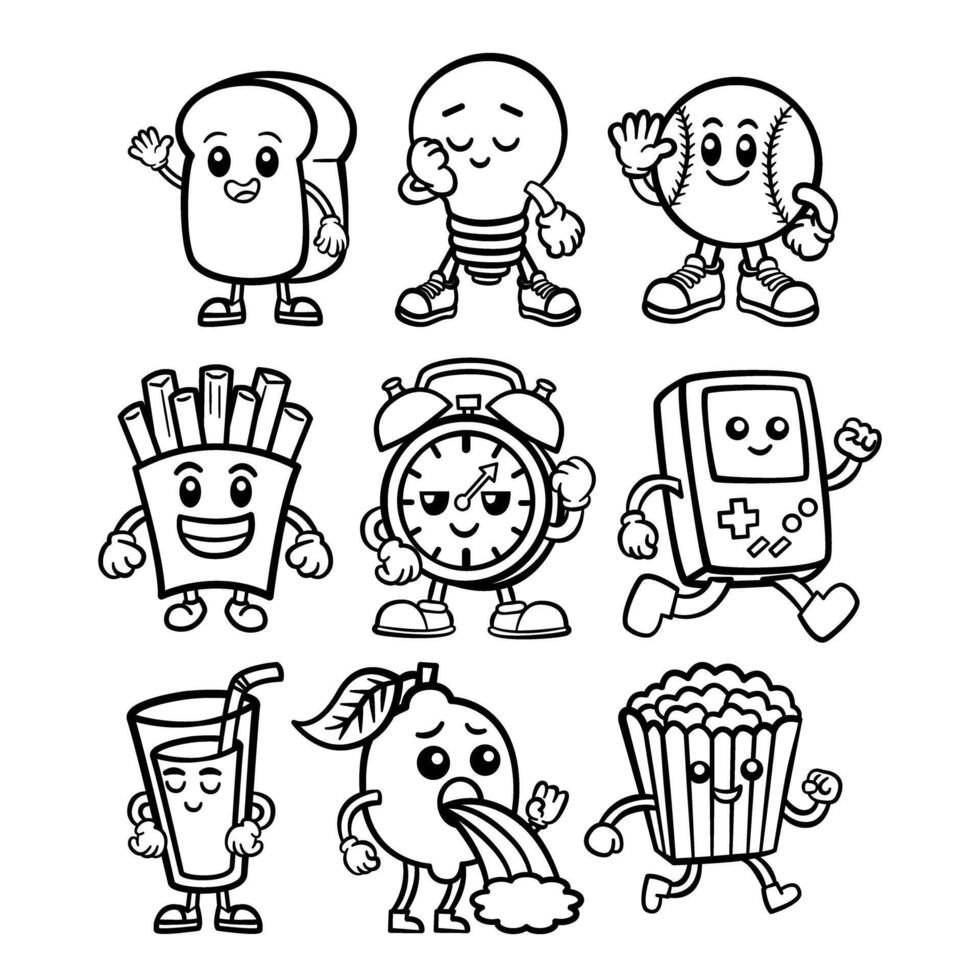 Black Line Doodle Retro Cartoon Character, Such as Bread, Light Bulb, Baseball, French Fries, Clock, Game, Water in Glass, Lemon, and Popcorn on white background. illustration. vector