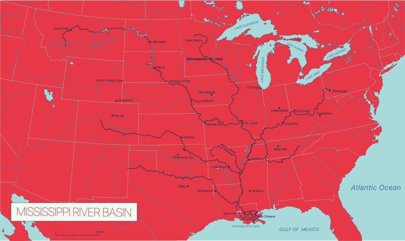 Mississippi River Basin in the USA detailed editable map vector