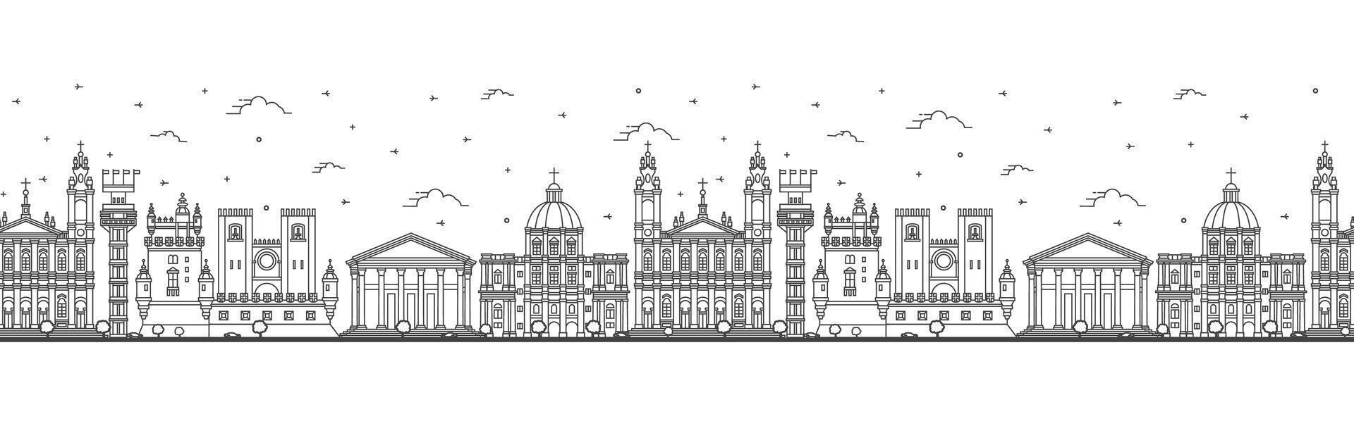 Seamless pattern with Outline Lisbon Portugal City Skyline with Historic Buildings Isolated on White. Lisbon Cityscape with Landmarks. vector