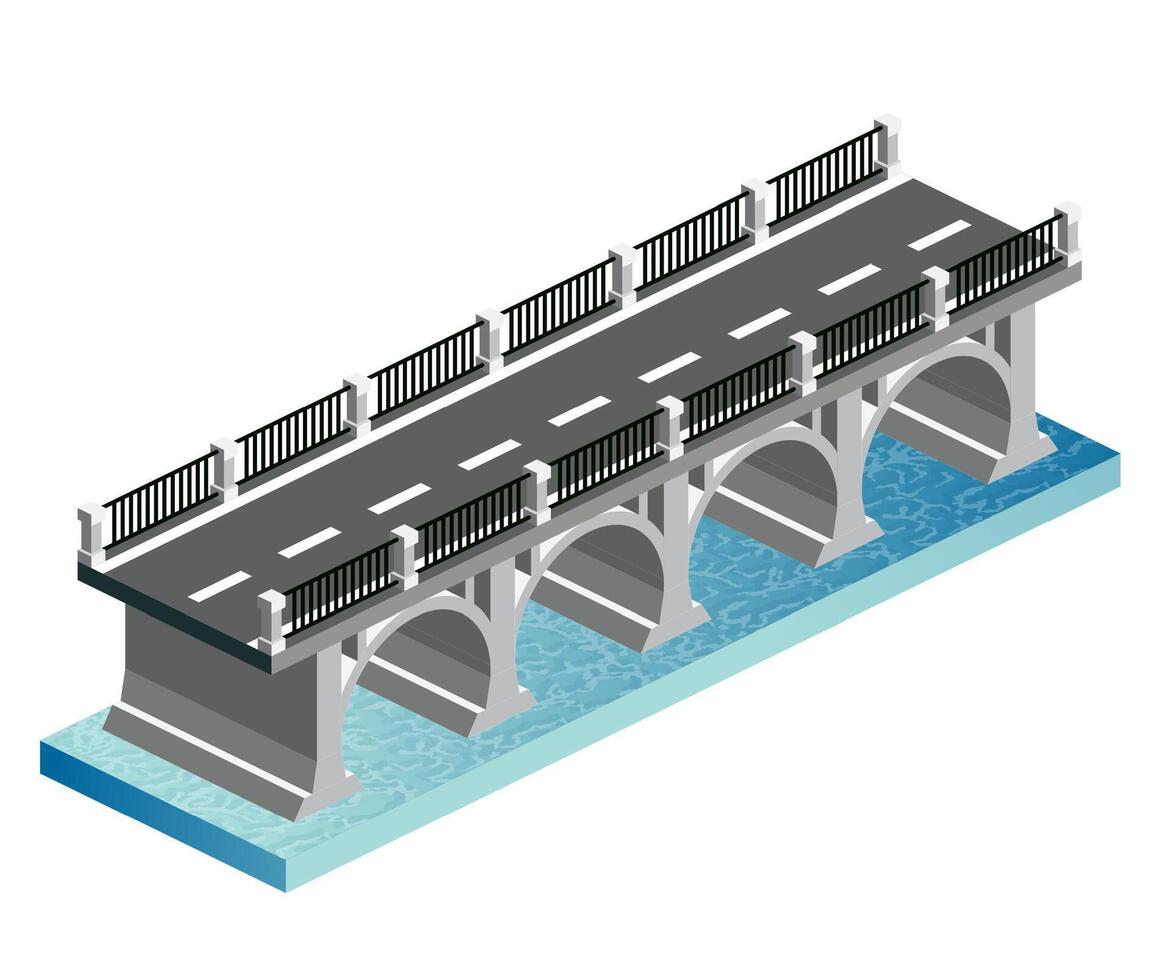 Isometric bridge with arches and water. Road icon. Urban infrastructure. Highway bridge. Single object. vector