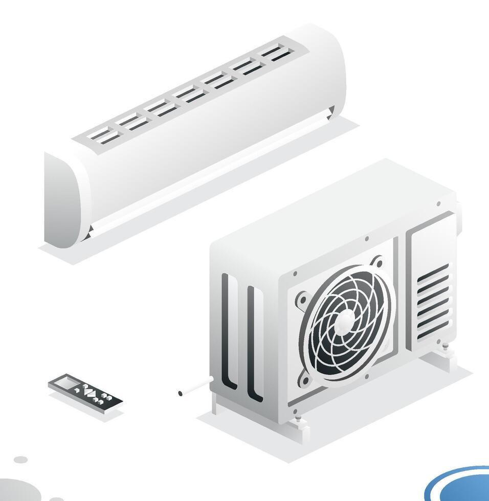 Air Conditioning System. Isometric Concept. Outdoor Unit with Indoor and Remote Controller. Household Equipment for Cooling, Cleaning and Heating Air. Ventilation. vector