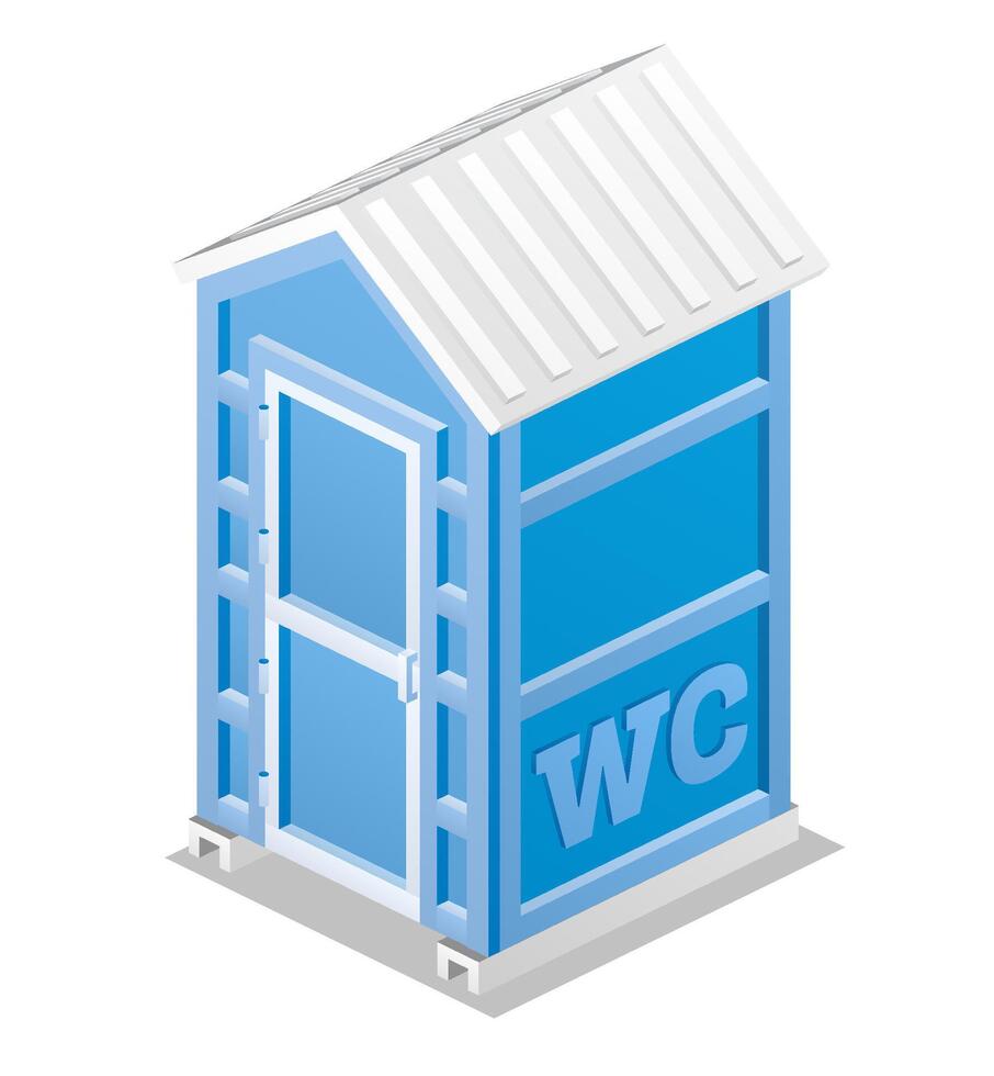 Portable chemical toilet. Isometric dry water closet cabin. Object isolated on white. Blue restroom WC lavatory stall. vector