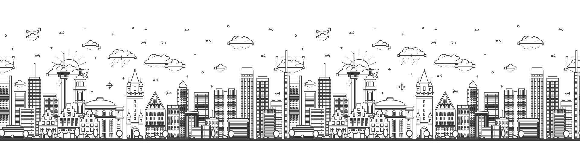 Seamless pattern with Outline Frankfurt Germany City Skyline with Modern Buildings Isolated on White. Frankfurt Cityscape with Landmarks. vector