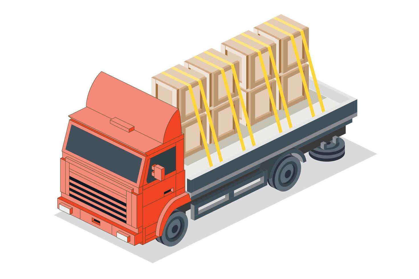 Isometric Flatbed Cargo Truck with Boxes. Commercial Transport. Logistics. City Object for Infographics. Car for Carriage of Goods. Front View. vector