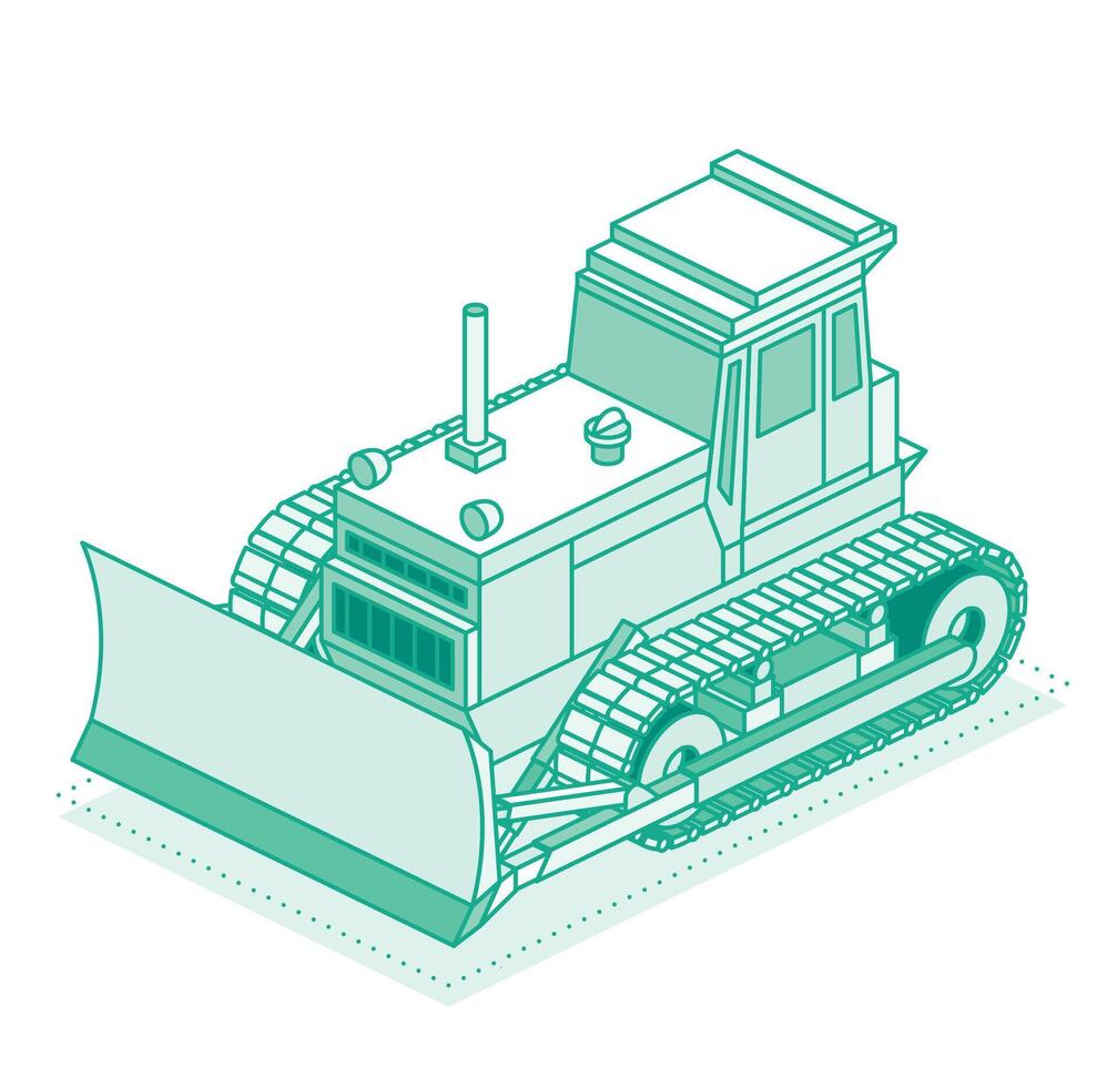 Isometric bulldozer isolated on white background. Construction equipment machine. Outline style. Construction vehicle. vector