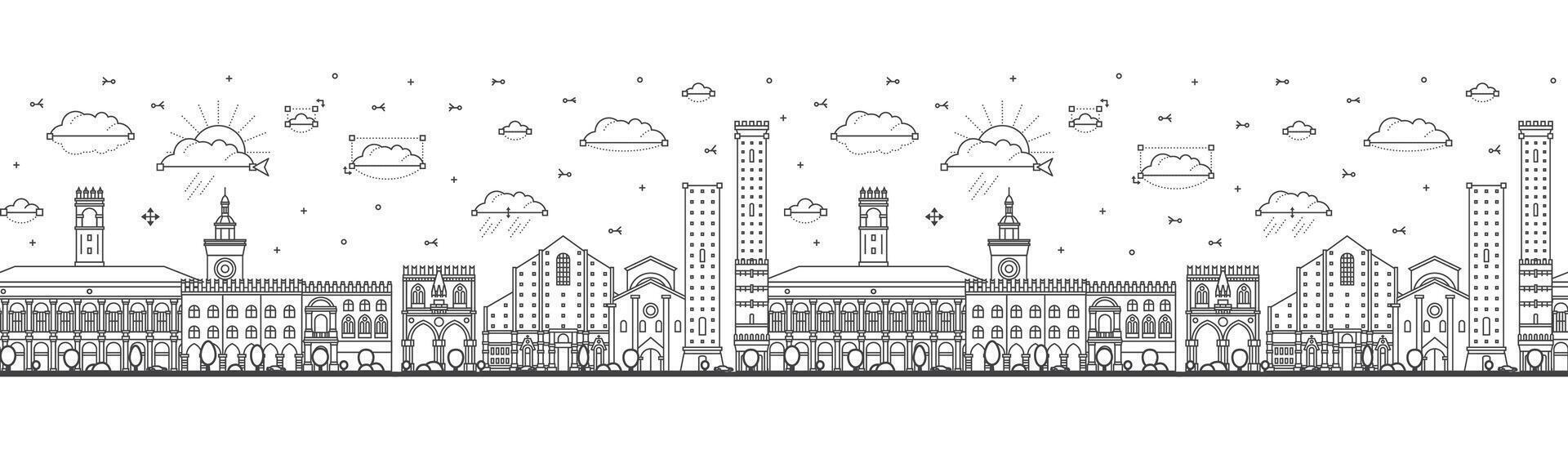 Seamless pattern with Outline Bologna Italy City Skyline with Historic Buildings Isolated on White. Bologna Cityscape with Landmarks. vector