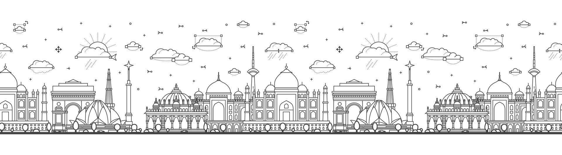 Seamless pattern with Outline Delhi India City Skyline with Historic Buildings Isolated on White. Delhi Cityscape with Landmarks. vector