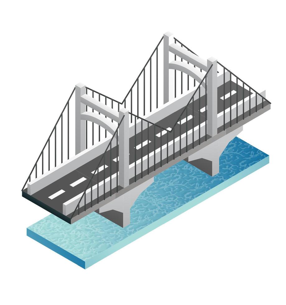 Isometric bridge with water. Road icon. Urban infrastructure. Suspension bridge. vector