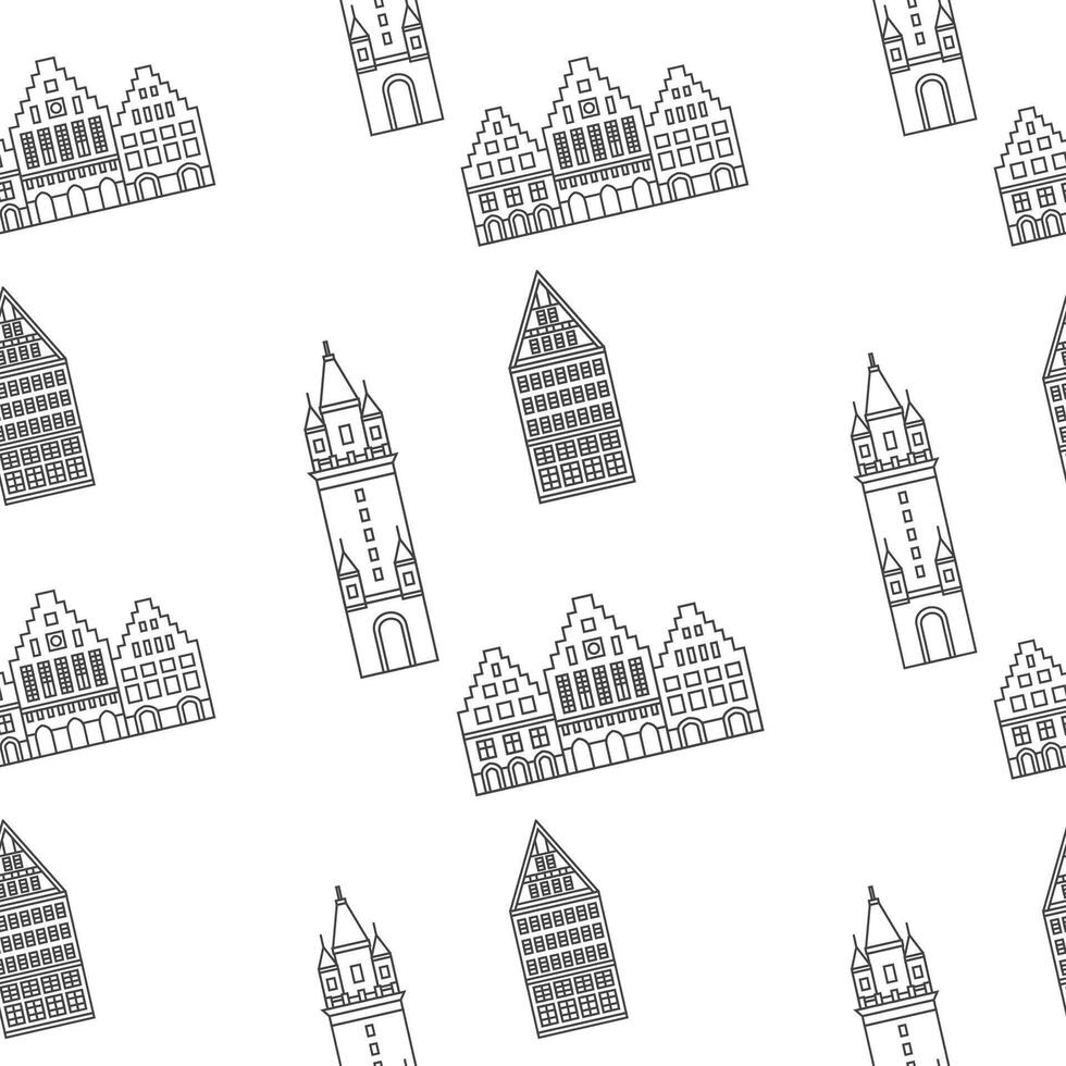 Seamless pattern with traditianal german buildings and old tower. Architecture isolated on white background. vector