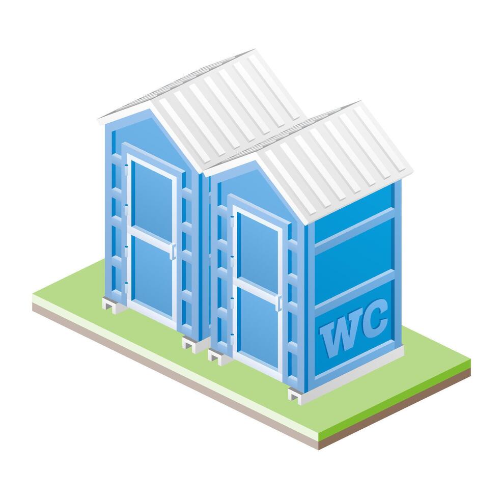 Two portable chemical toilets. Isometric dry water closet cabin. Object isolated on white. Blue restroom WC lavatory stall. vector