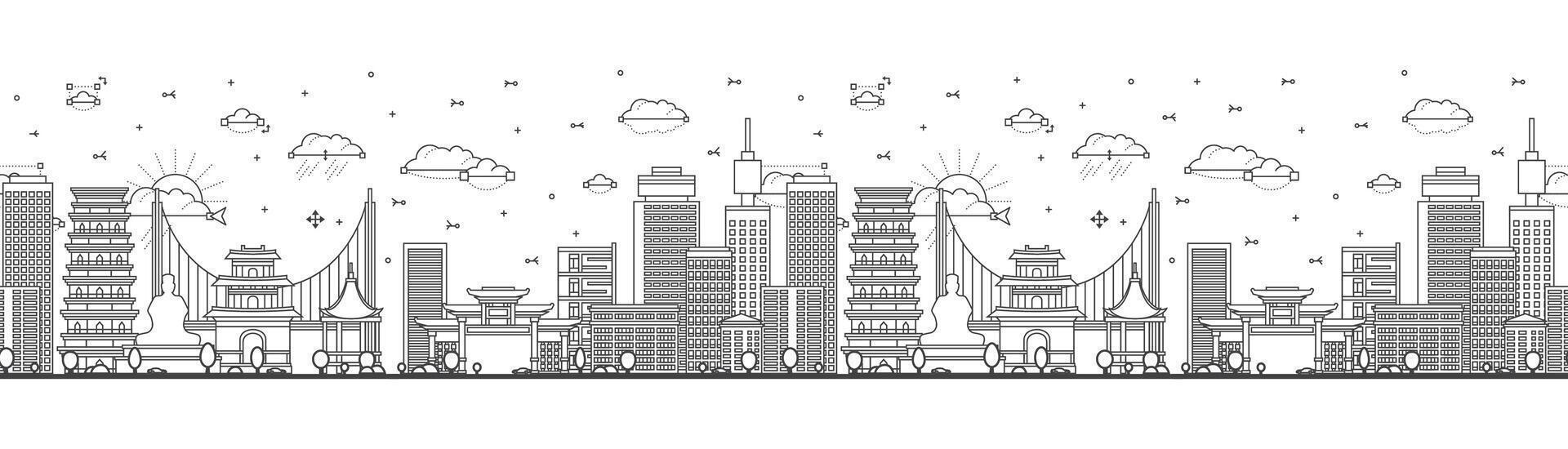 Seamless pattern with Outline Dongguan China City Skyline with Historic and Modern Buildings Isolated on White. Dongguan Cityscape with Landmarks. vector