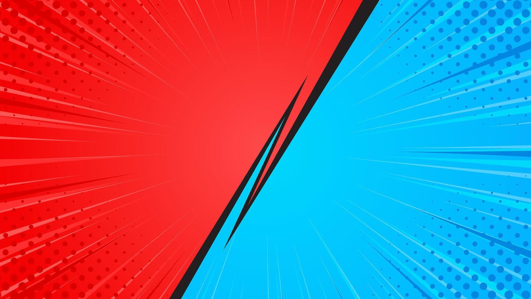 Abstract red and blue heroes comic cartoon background. Pop art comic sunburst effect with halftones vector