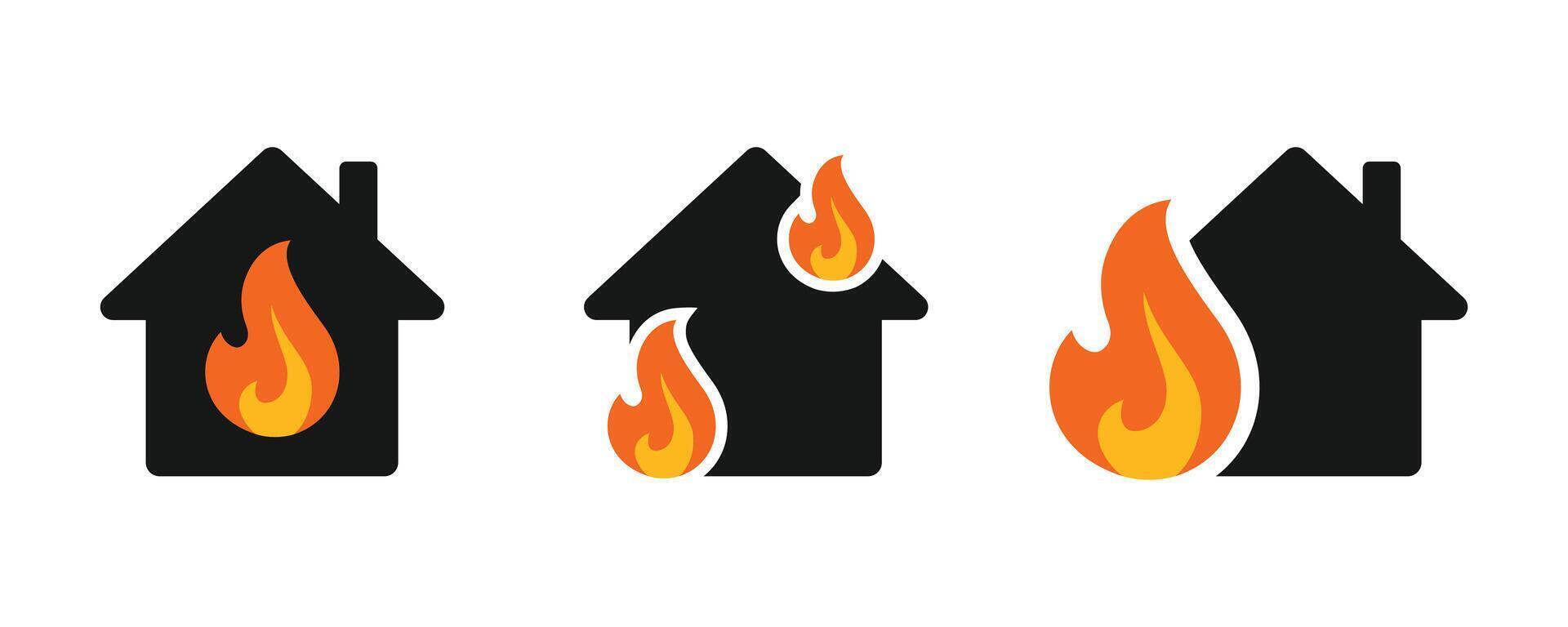 House on Fire icon. House building in flames illustration sign. Insurance symbol. House with fire symbol icon set. vector