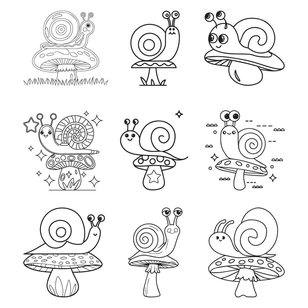 Mushrooms and snail. Coloring book. Cartoon illustration vector