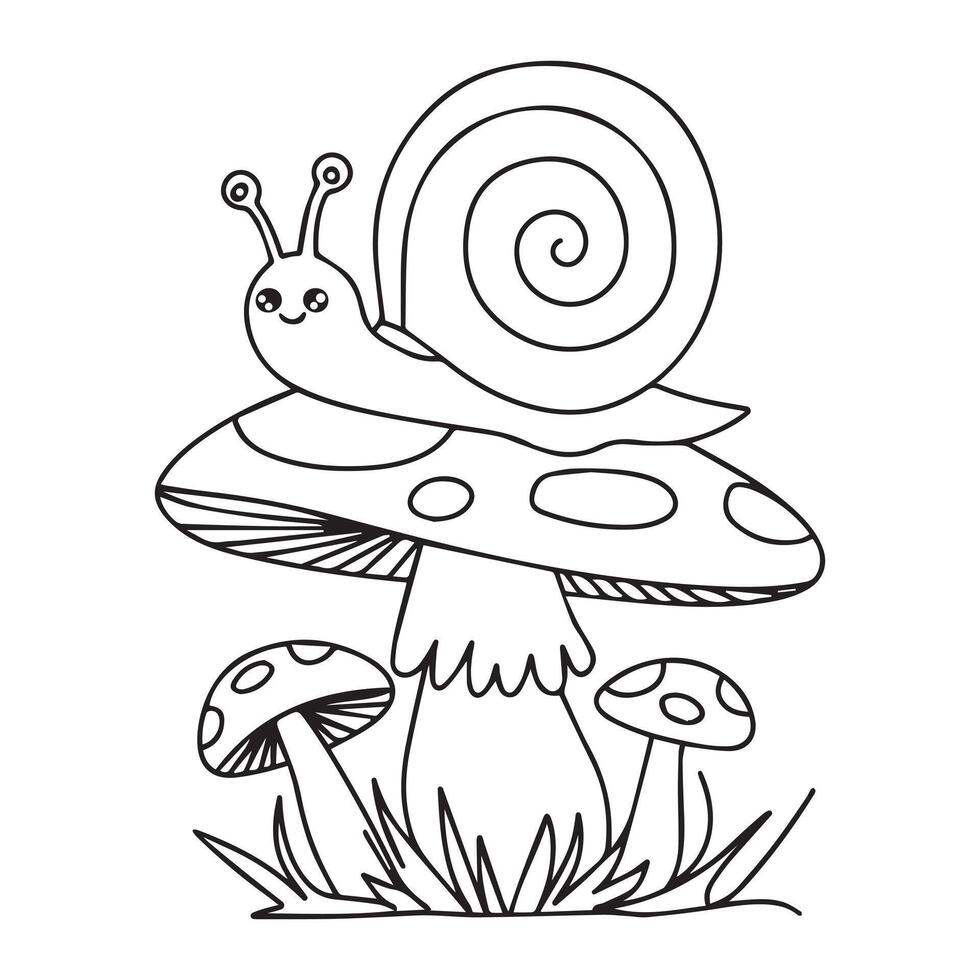 Coloring page with cute snail and mushrooms in grass for kids, kawaii black and white cartoon insects themed educational worksheet for print, game for preschoolers vector