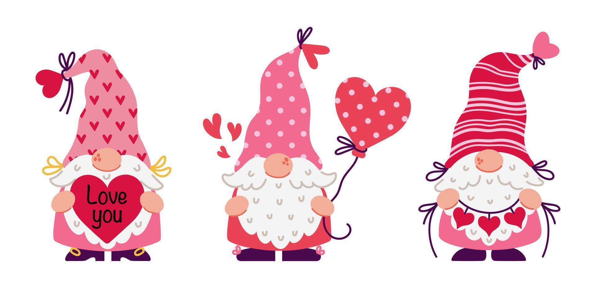 Funny gnomes celebrate Valentine's Day. Cute bearded elves hold a heart, a balloon, a garland. Cartoon dwarves in hats. Love party, romantic surprise. Hand drawn set, flat isolated clipart vector