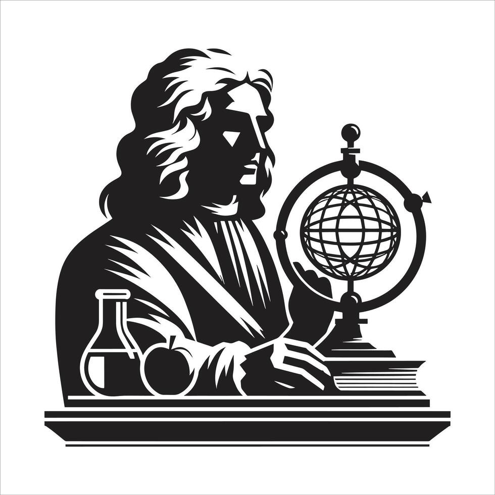 Isaac Newton Pencil Sketch in Lab with Experiments and Great Scientist Ideas Free Illustration vector