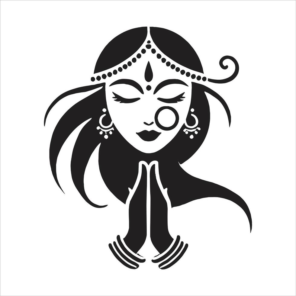 Iconic Bride Namaste Pose by Indian Woman in Silhouette and Outline for Indian Wedding Emblem Thank You Concept vector