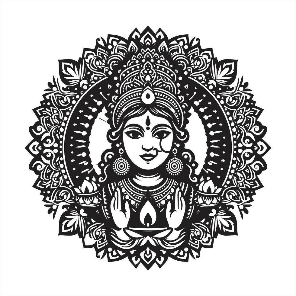 Goddess Laxmi Maa Lakshmi Mata Silhouette Outline Art on Lotus Flower for Lakshmi Puja Special Maa Durga Divine Warrior Design vector