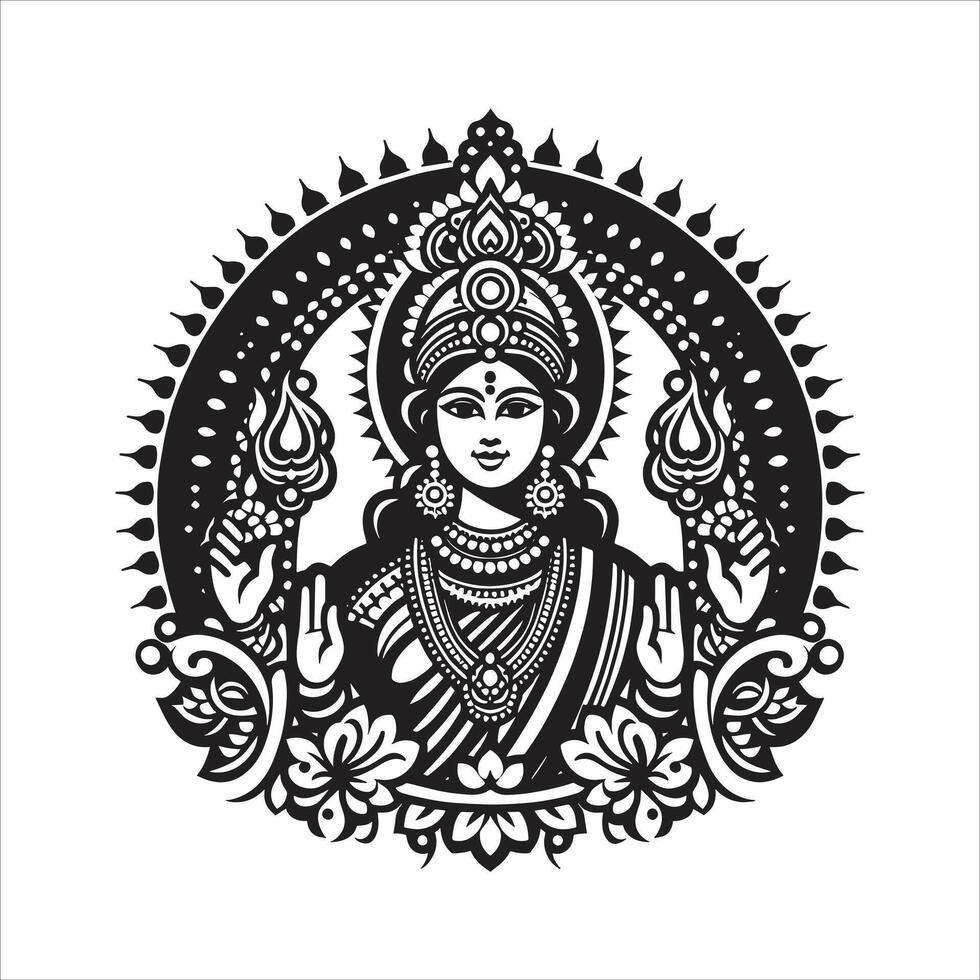 Lakshmi Mata Silhouette Outline Art of Goddess Laxmi on Lotus Flower for Lakshmi Puja Special Maa Durga Divine Warrior Design vector