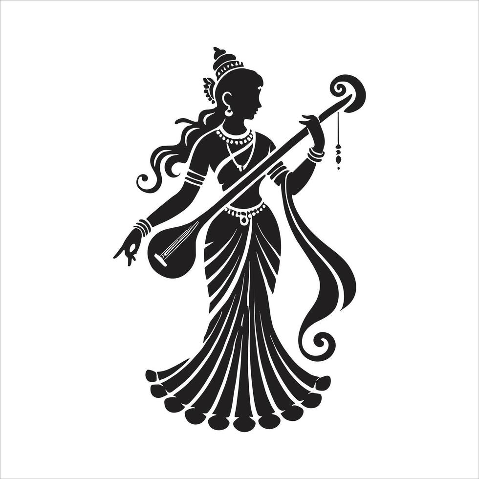 Goddess Maa Saraswati Silhouette Religious Card Design for Basant Panchami and Saraswati Puja with Free Illustrations vector