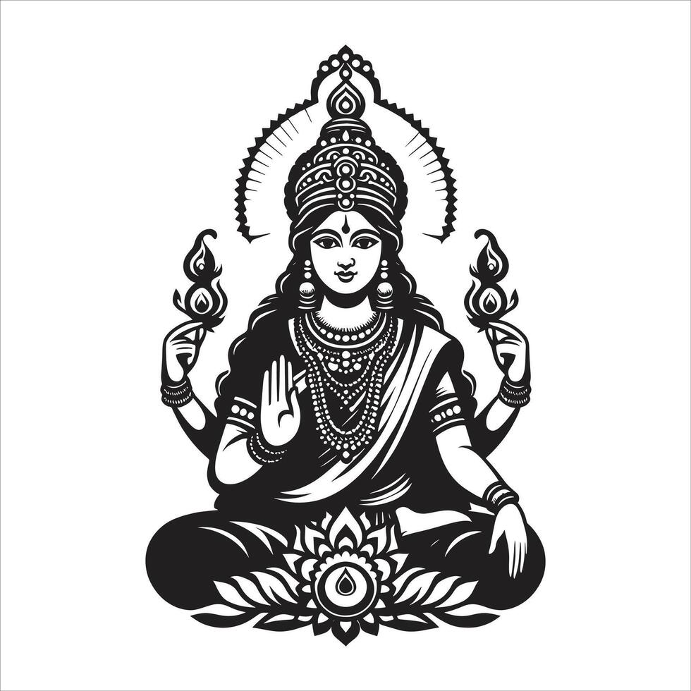 Lakshmi Puja Special Silhouette Outline Art of Goddess Laxmi Maa Lakshmi Mata on Lotus Flower with Maa Durga Divine Warrior Design vector