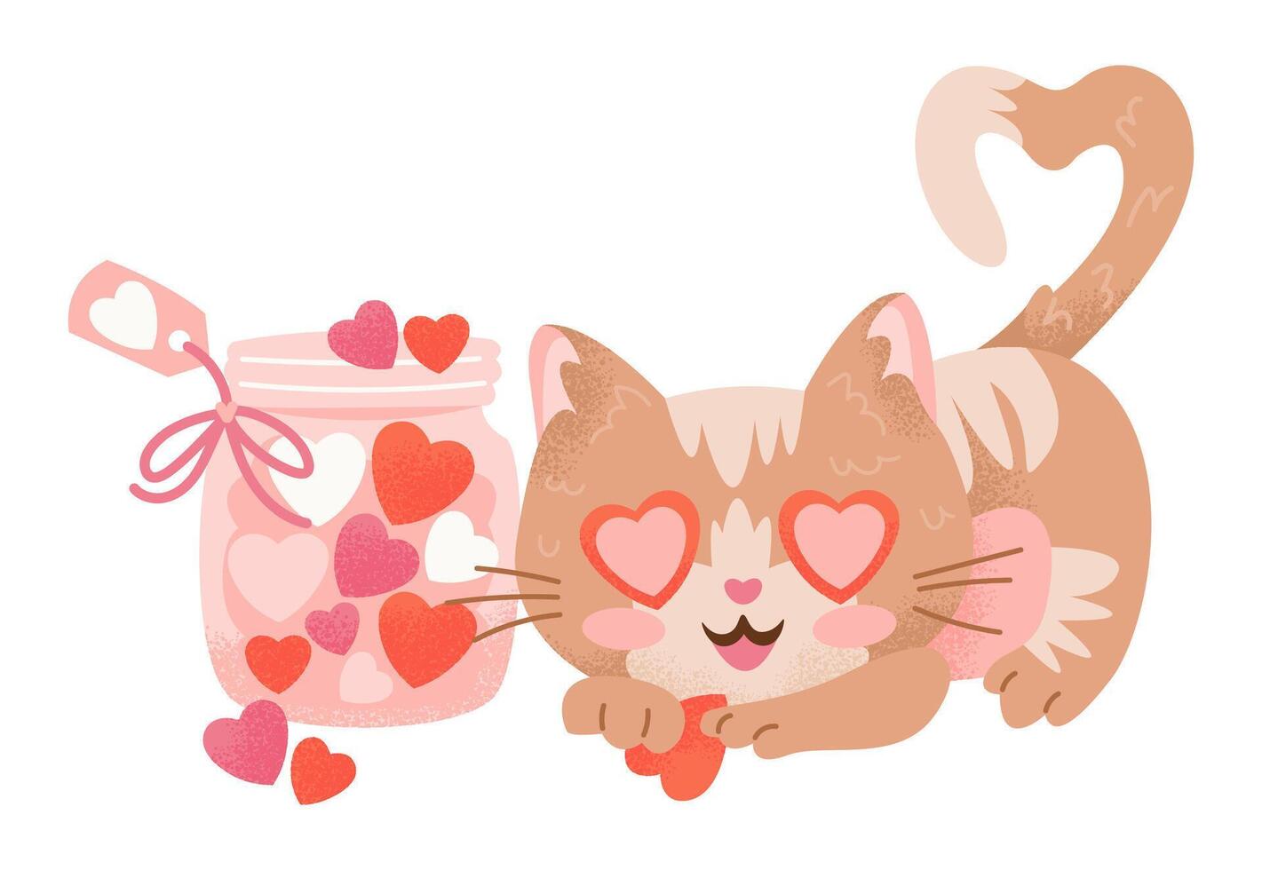 Red Cat Character Playing with Hearts in Jar. vector