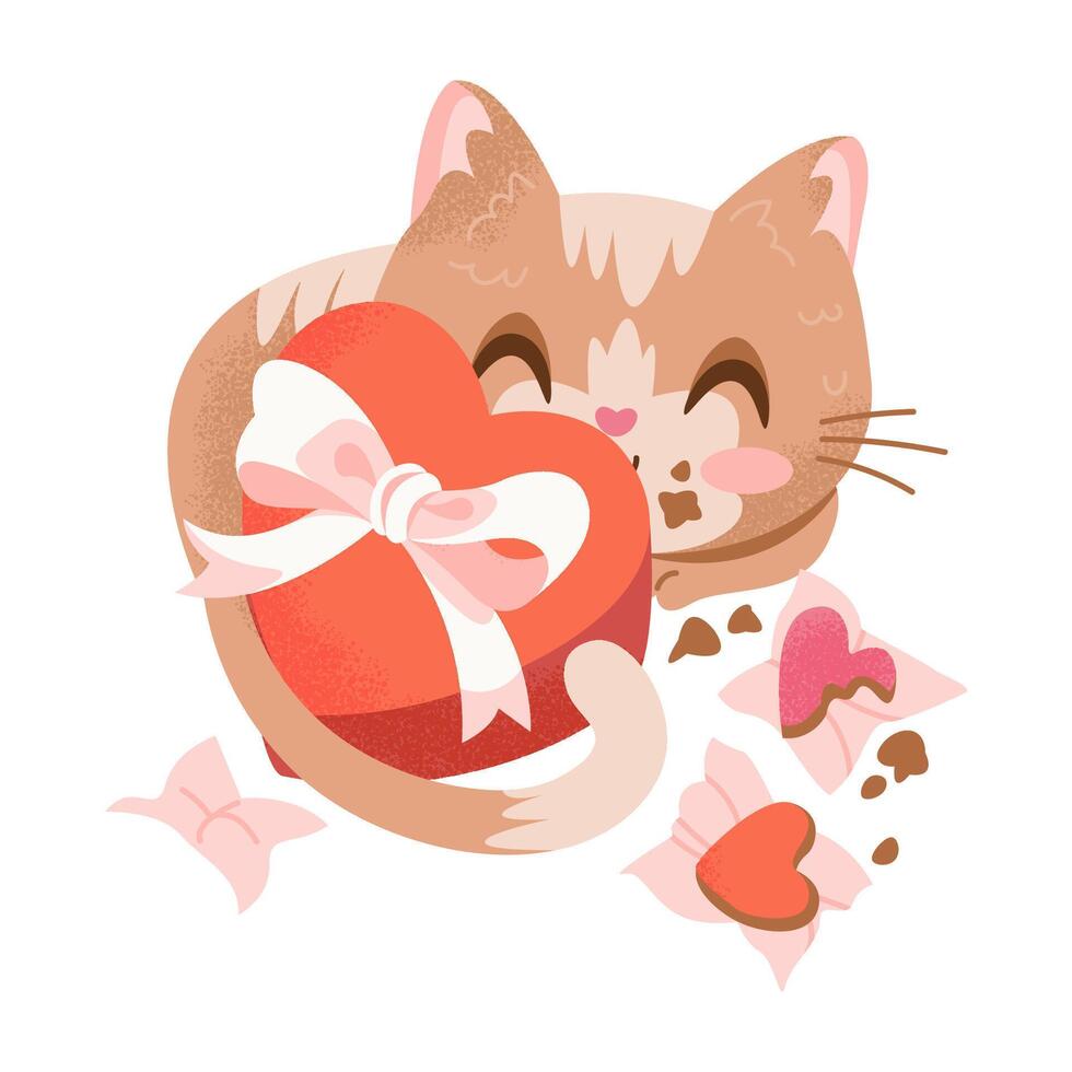 Red Cat Eating Chocolate Candy on Valentines Day. vector