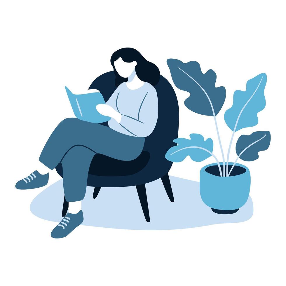 woman reading book sitting on chair with plant vector