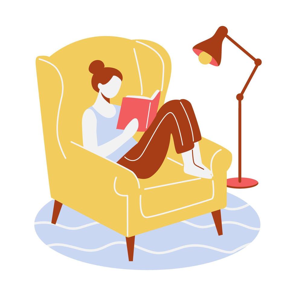 woman reading book in chair with lamp and lampshade vector