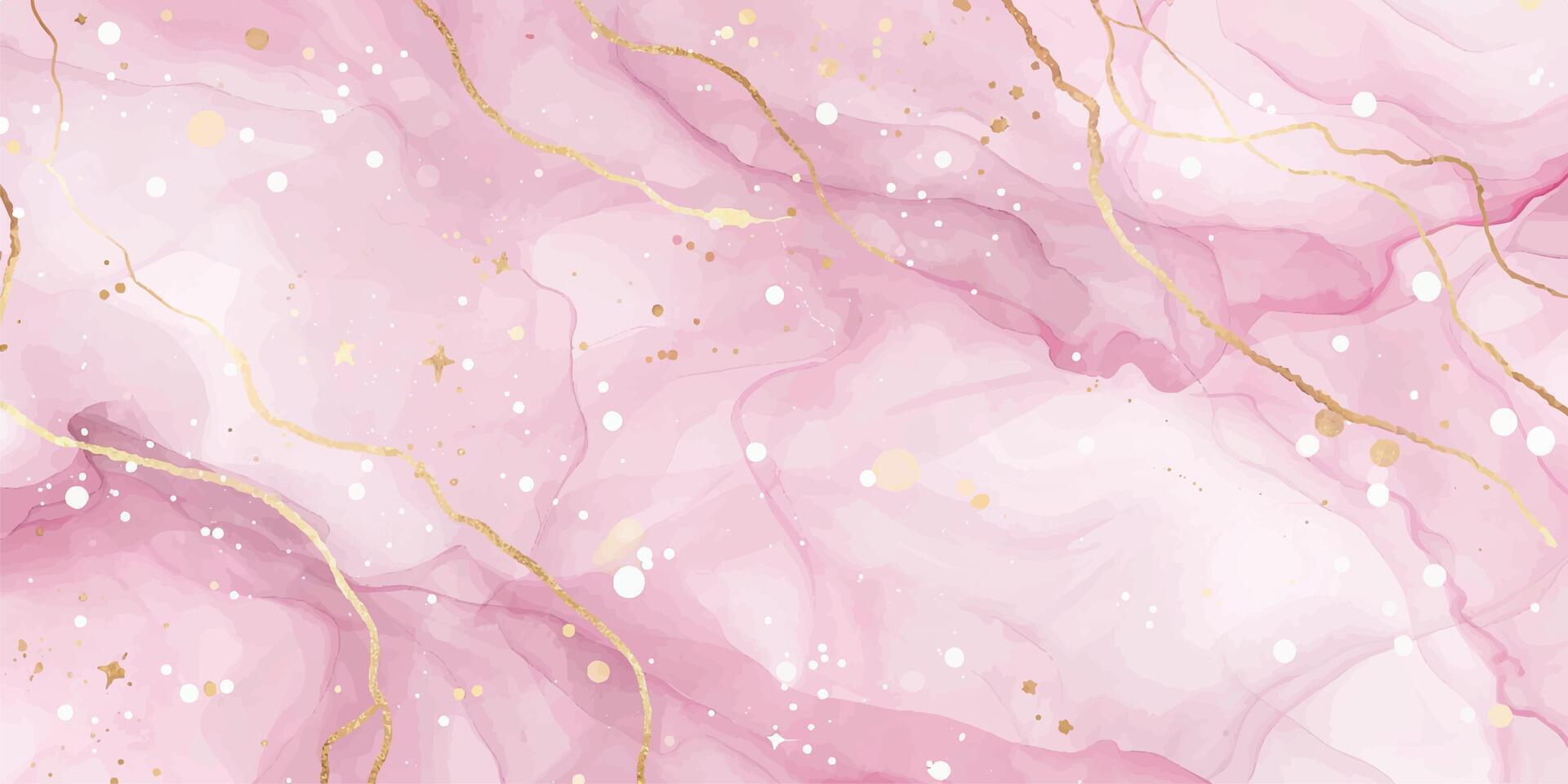 Elegant pink hand painted alcohol ink background with gold glitter vector