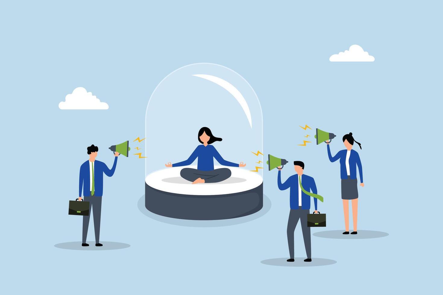 Ignore noise, businesswoman practicing meditation and remaining calm while covered to block out noise from others. vector