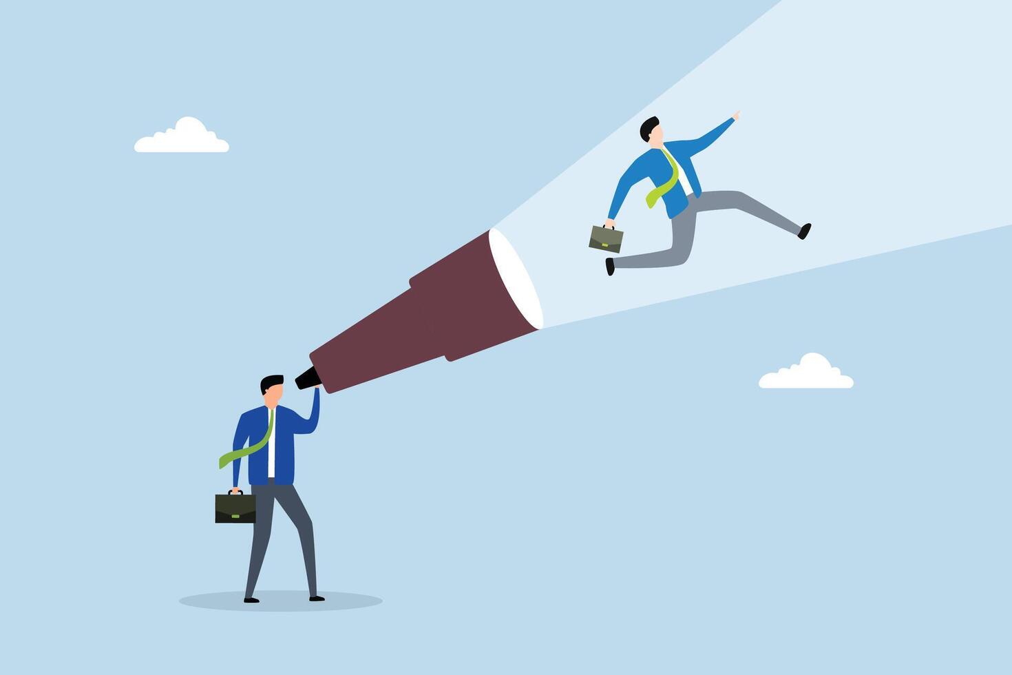 Create strong vision to lead to business success, entrepreneur gazes through binoculars to visualize himself progressing towards his objective. vector