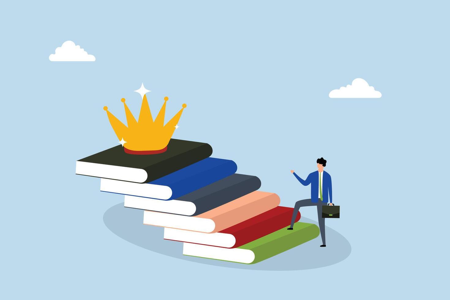 knowledge steps to success, entrepreneur climbs pile of books like stairs to reach the crown above. vector