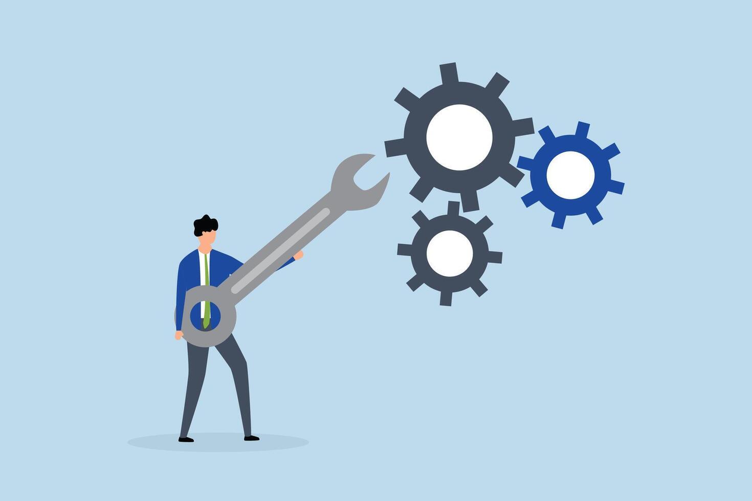 Adjustment and optimization for business improvement, entrepreneur grasping wrench to modify gear cogwheels configuration. vector