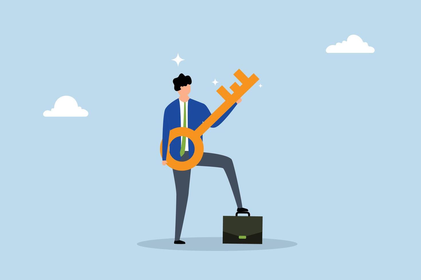 Key success for business, joyful entrepreneur with a golden key as a guitar celebrating freedom through dance. vector