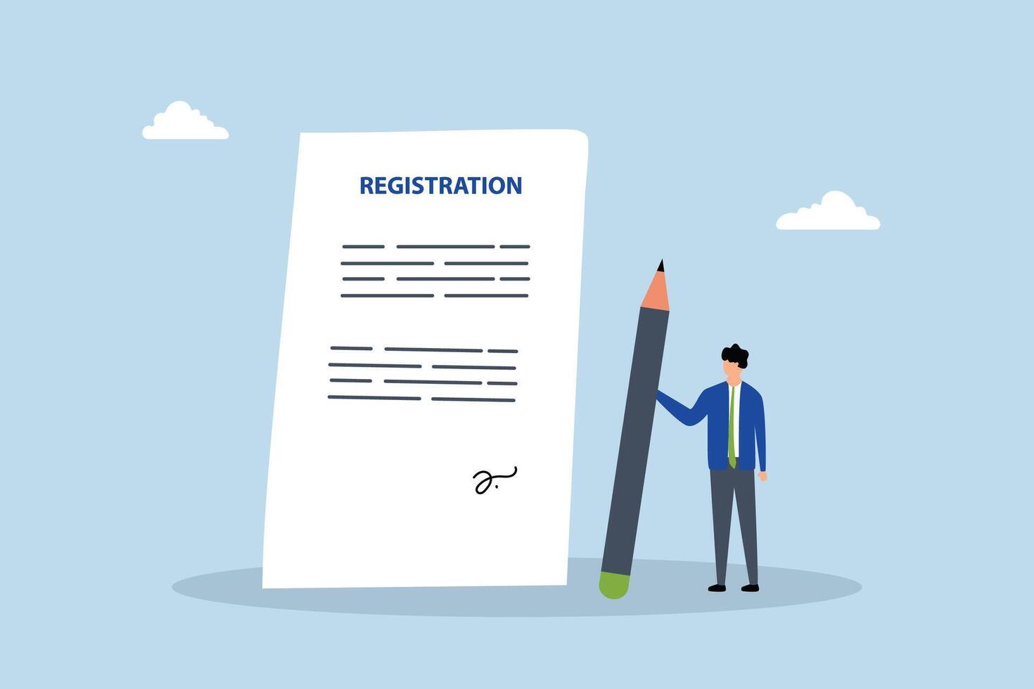 Company registration service, entrepreneur grasping pen victory indication corporate paperwork with seal. vector