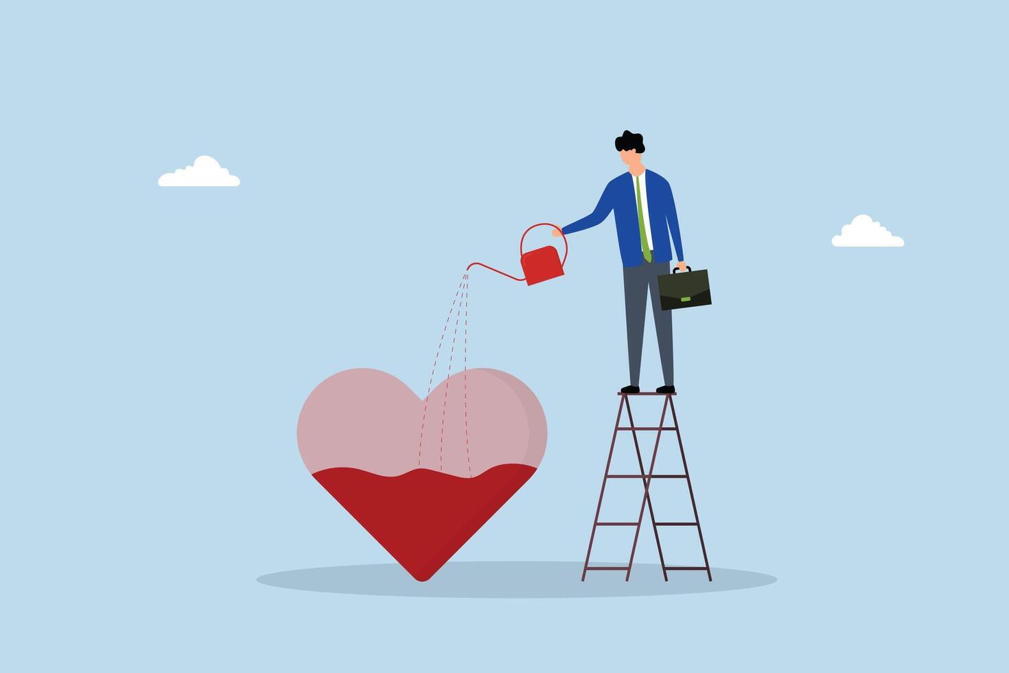 Work passion, entrepreneur pouring water to complete heart shape symbolizing fervor. vector