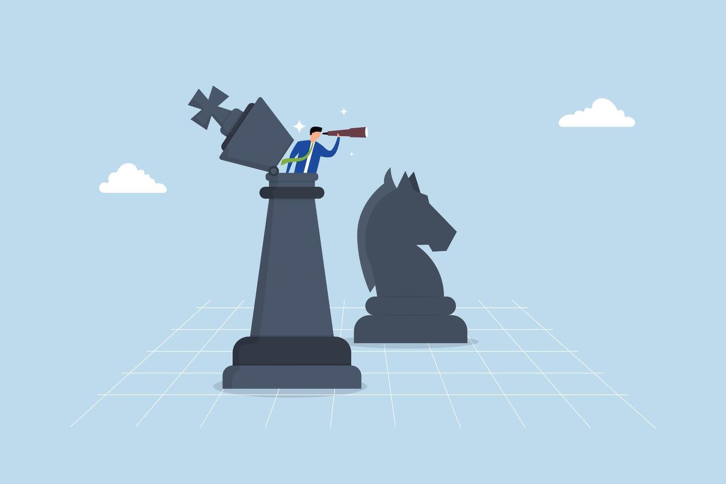 Success strategy, businessman leader unfolds chess king with binoculars to scan the future. vector