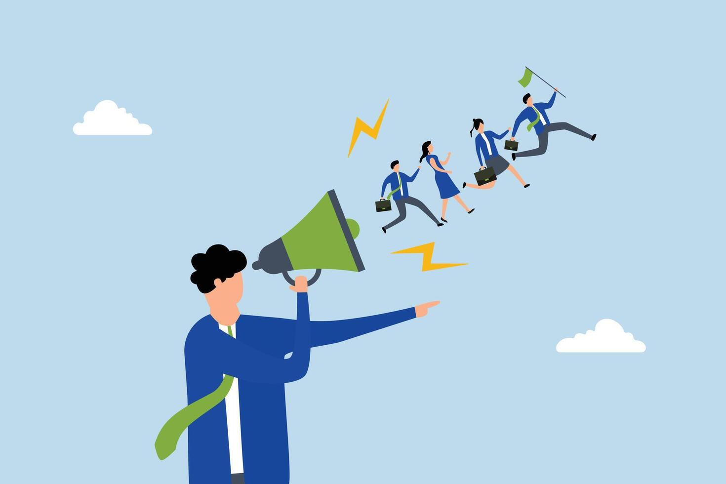 Motivate employee, executive leader communicates through megaphone to advance the team. vector
