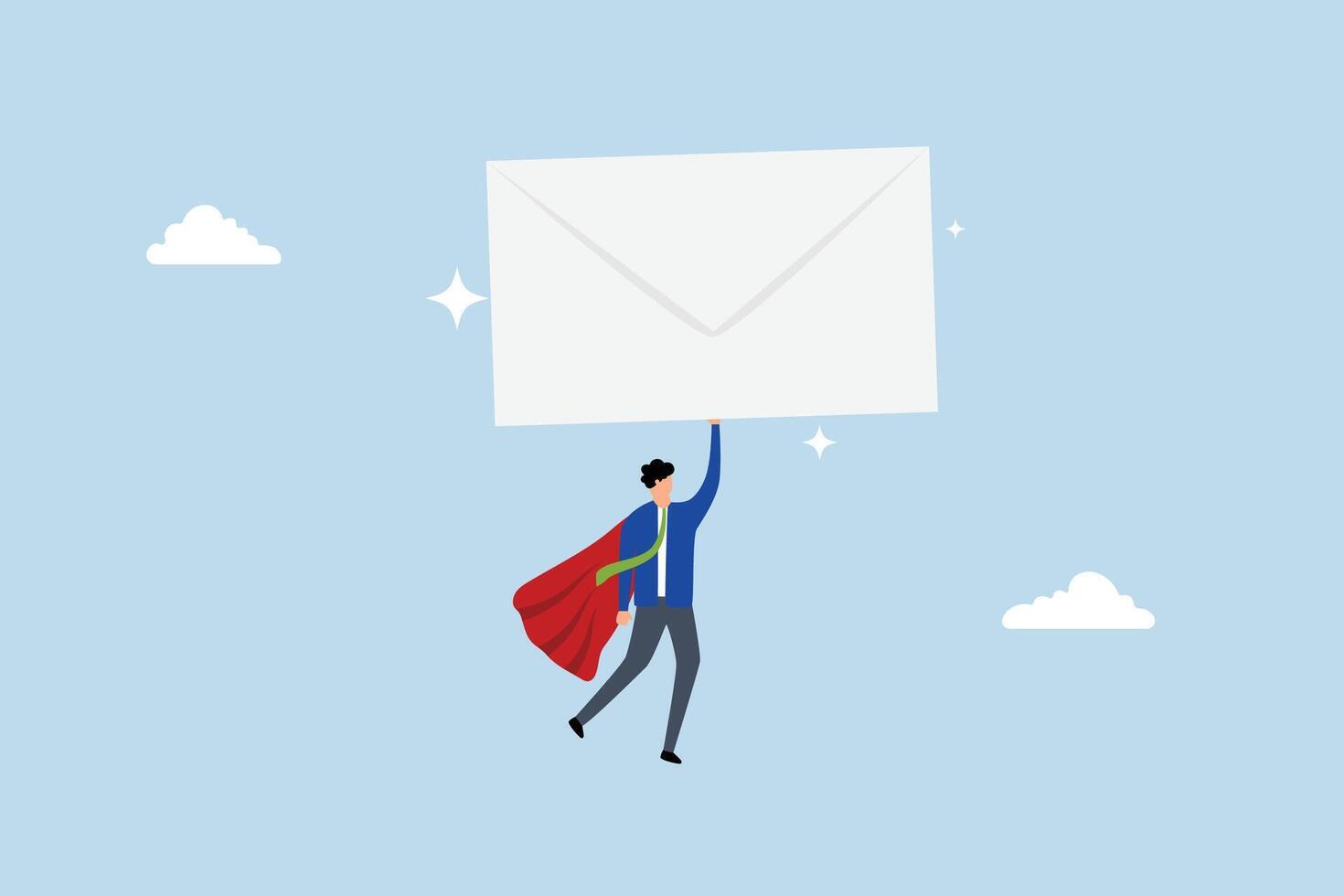 Email communication, entrepreneur superhero transporting large email envelope soaring to delivery location. vector