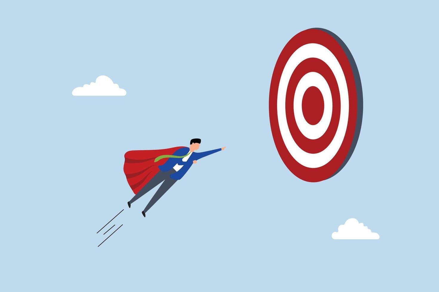 Goal achievement, entrepreneur superhero zooming quickly towards business goal. vector