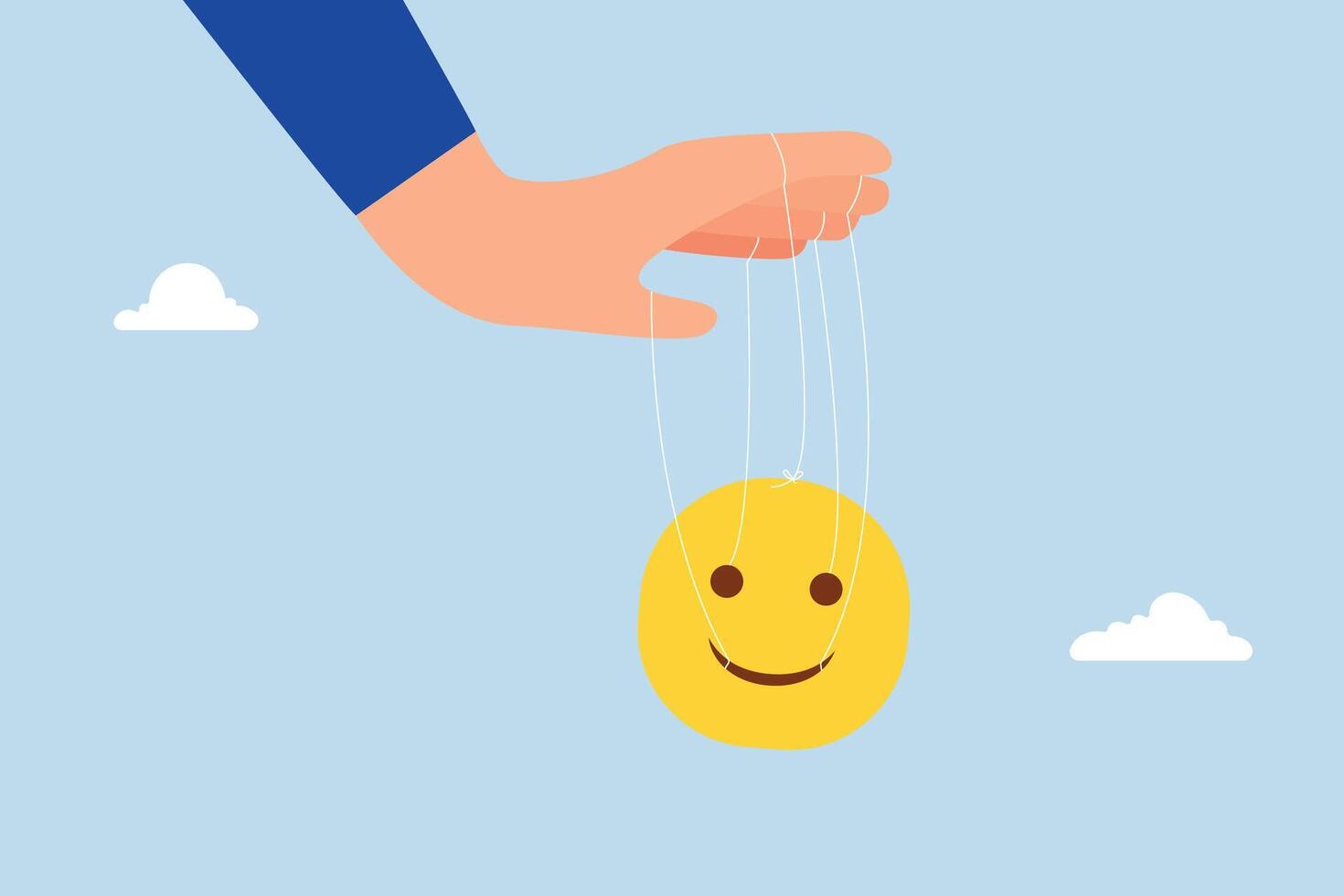 Control emotion, businessman hands bound with string to manage, influence grin like marionette. vector