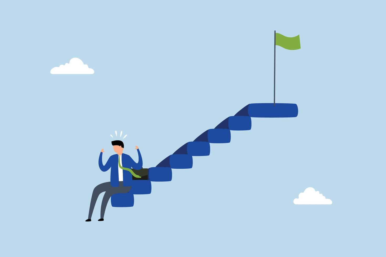 Fear of failure, downcast businessman quits solitary on staircase to achievement target. vector