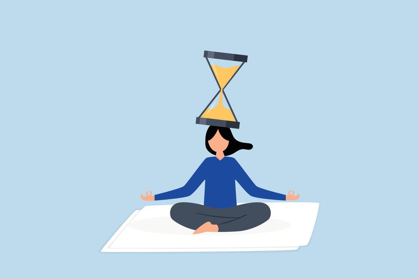 Patience time, calm woman seated with an hourglass on her head cultivating patience. vector