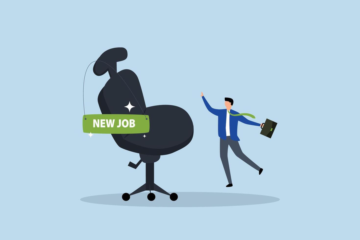 New job offer or new career opportunity, joyful upbeat entrepreneur welcoming his new job office chair. vector