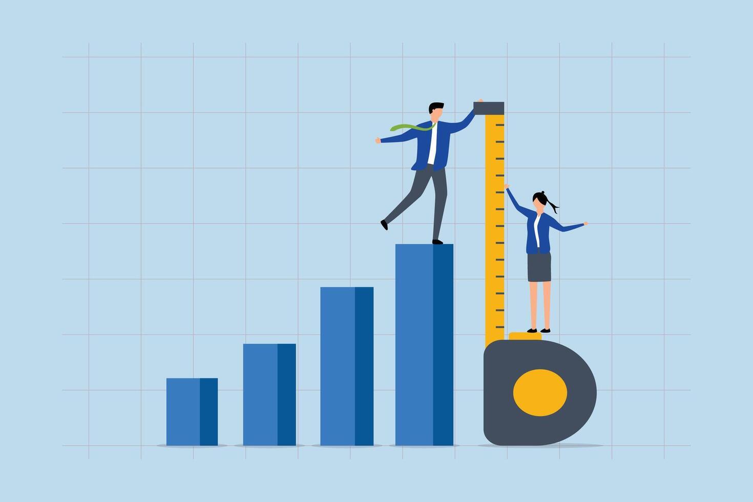 Business benchmark measurement, Businessman and woman assist with a measuring tape to gauge bar graph dimensions. vector