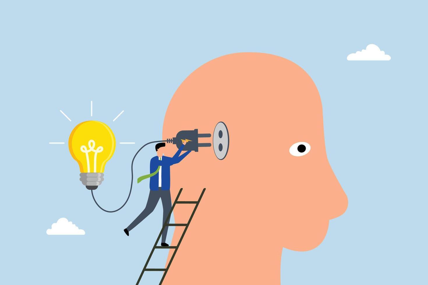 Creativity and idea thinking, clever entrepreneur ascends the steps to connect an innovative lightbulb to his mind. vector